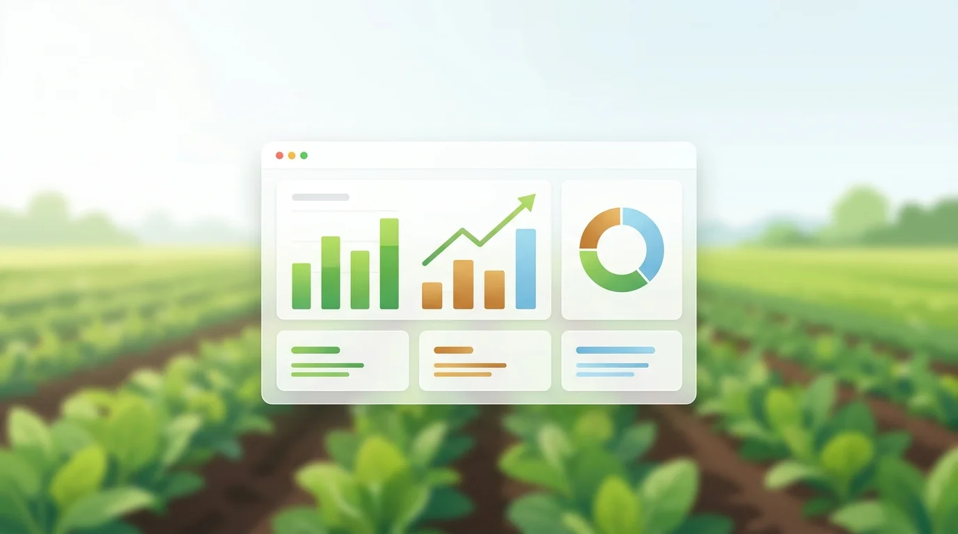 Farm analytics dashboard with bar charts, an upward trend line and a donut chart over a field
