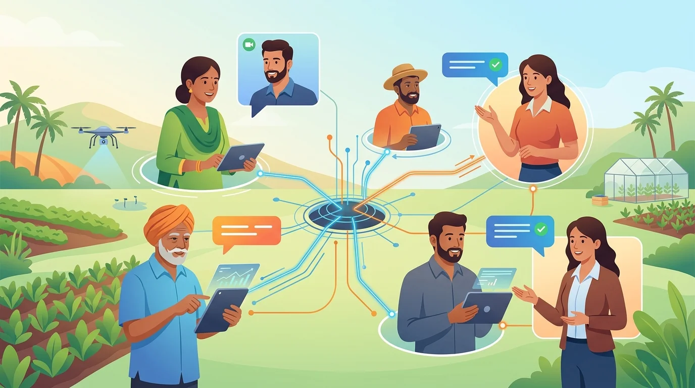 Farmers connected to agronomy advisors through video and chat over a network